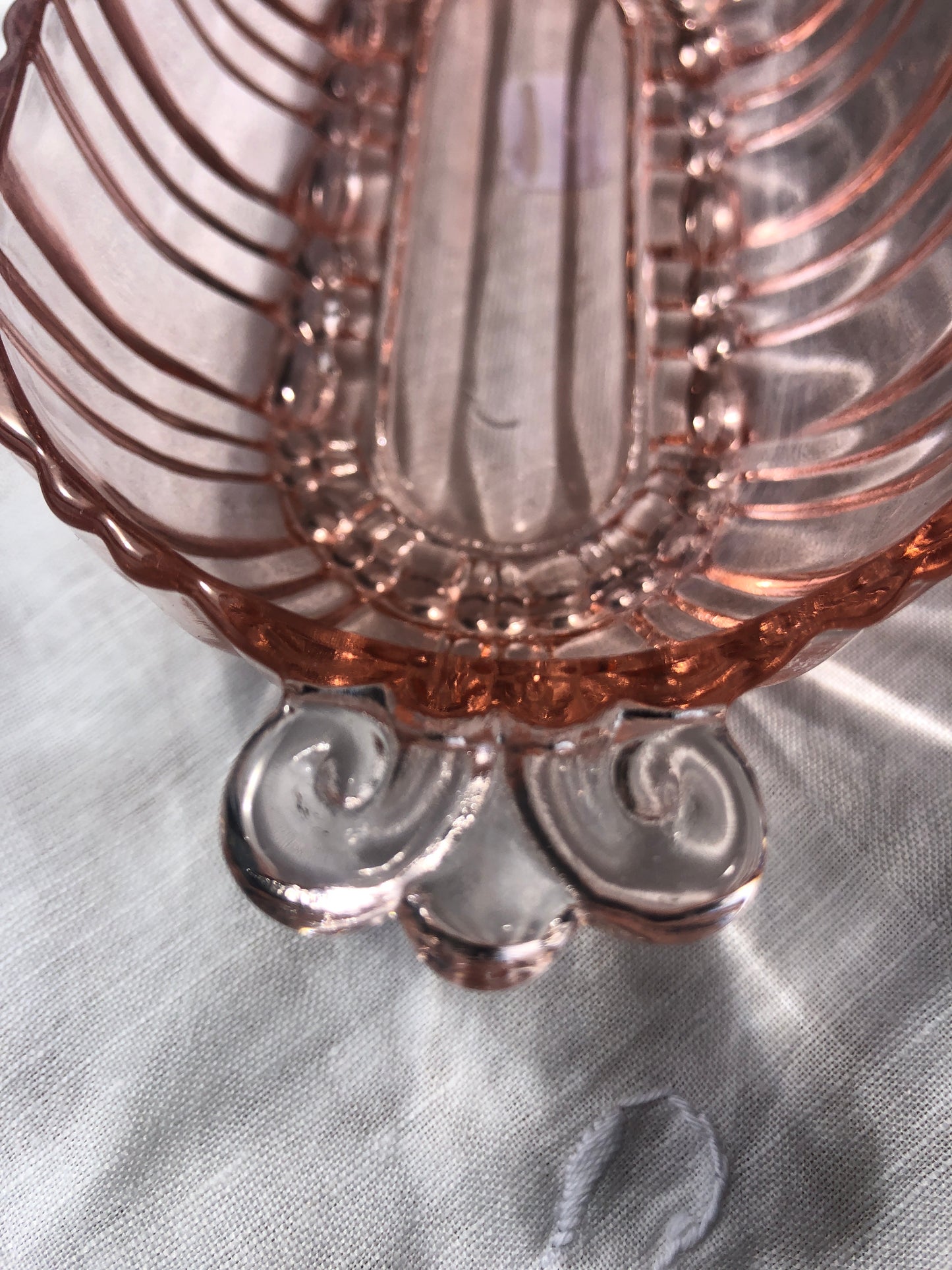 Pink Depression Glass oblong Bowl with Handles Ribbed