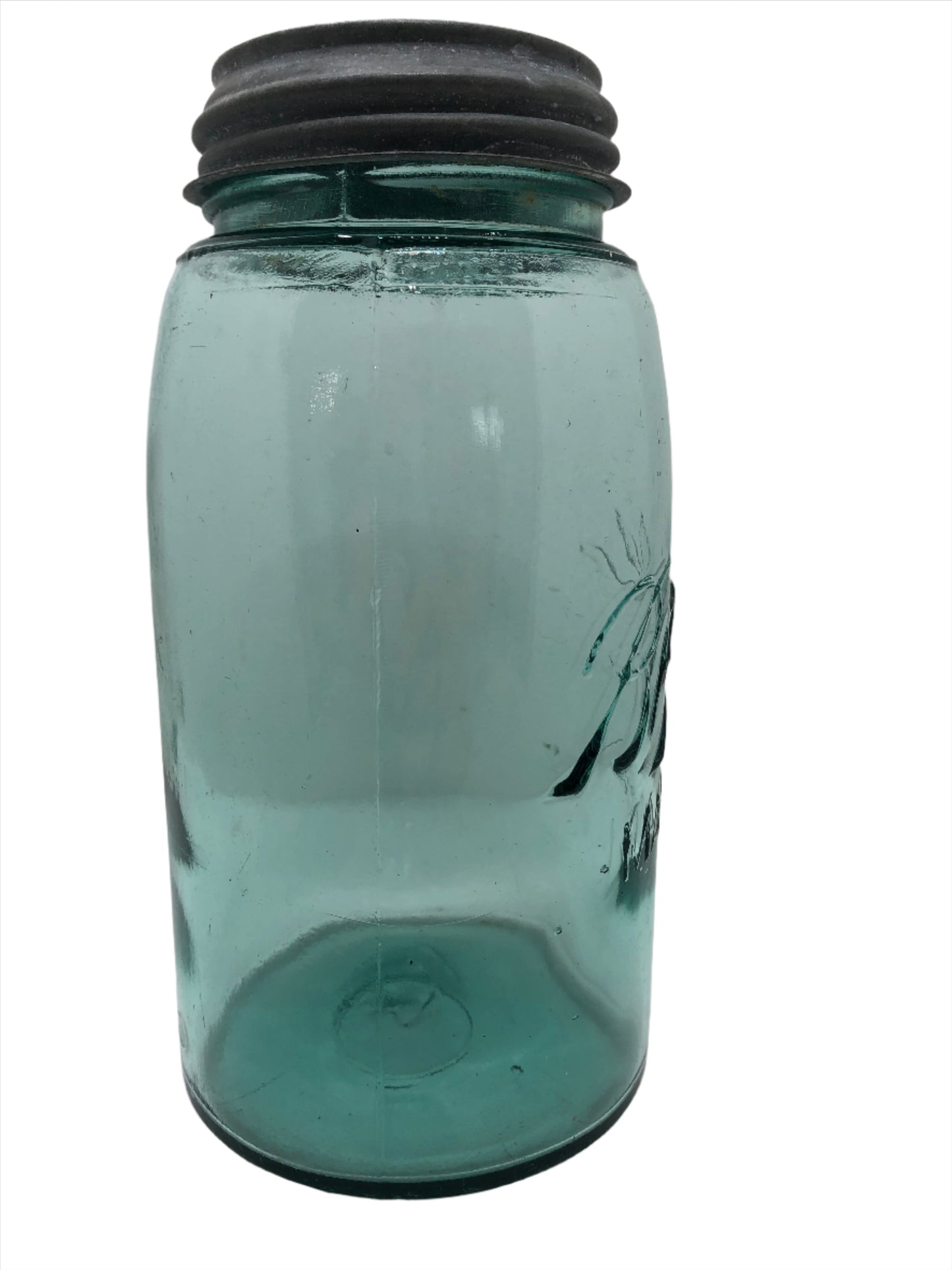 Antique Ball Jar Blue with Zinc Lid Side View 