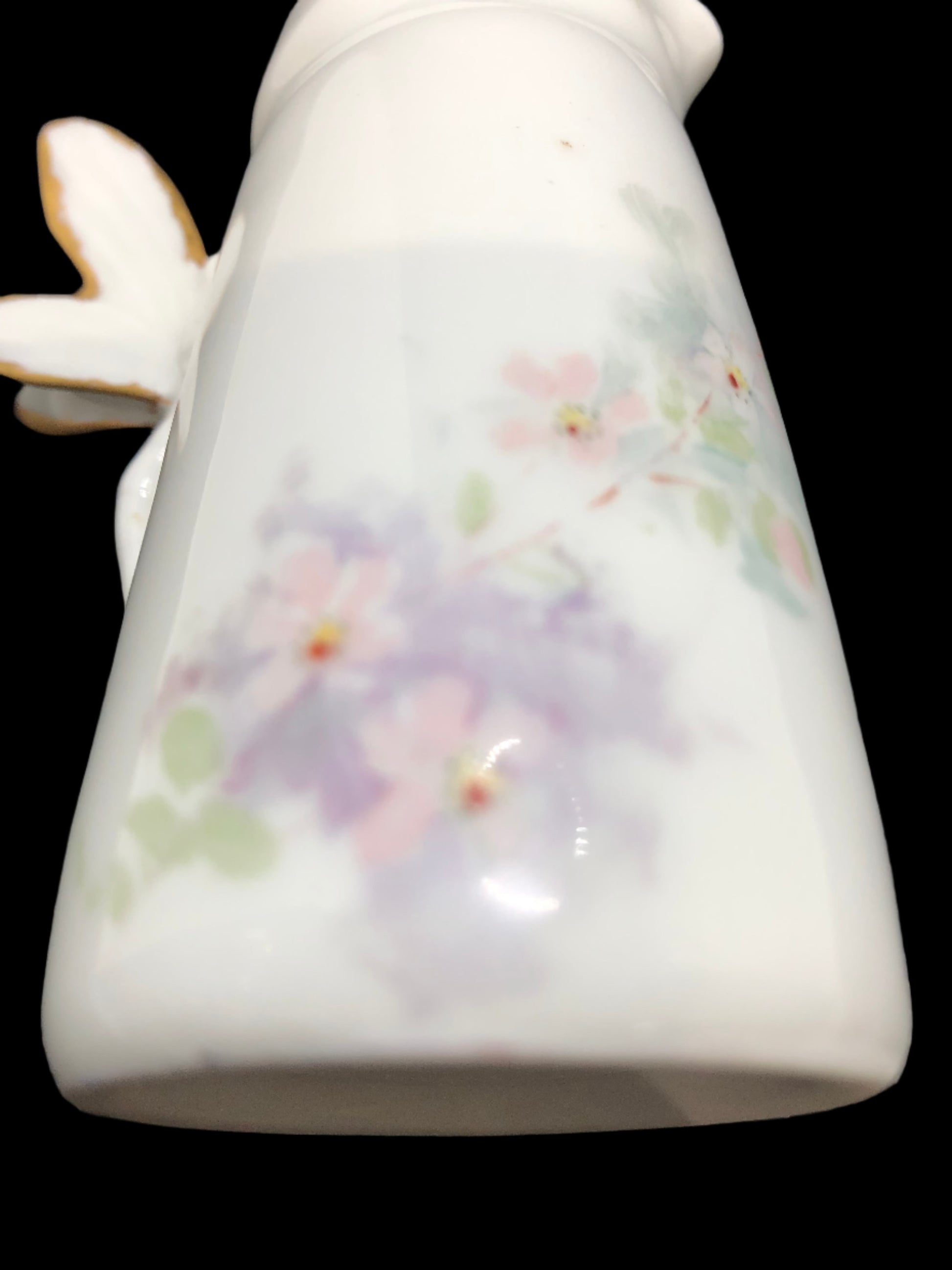 Cottage Core Porcelain Creamer with Dragon Fly Handle HCL Limoges Flower Close Up