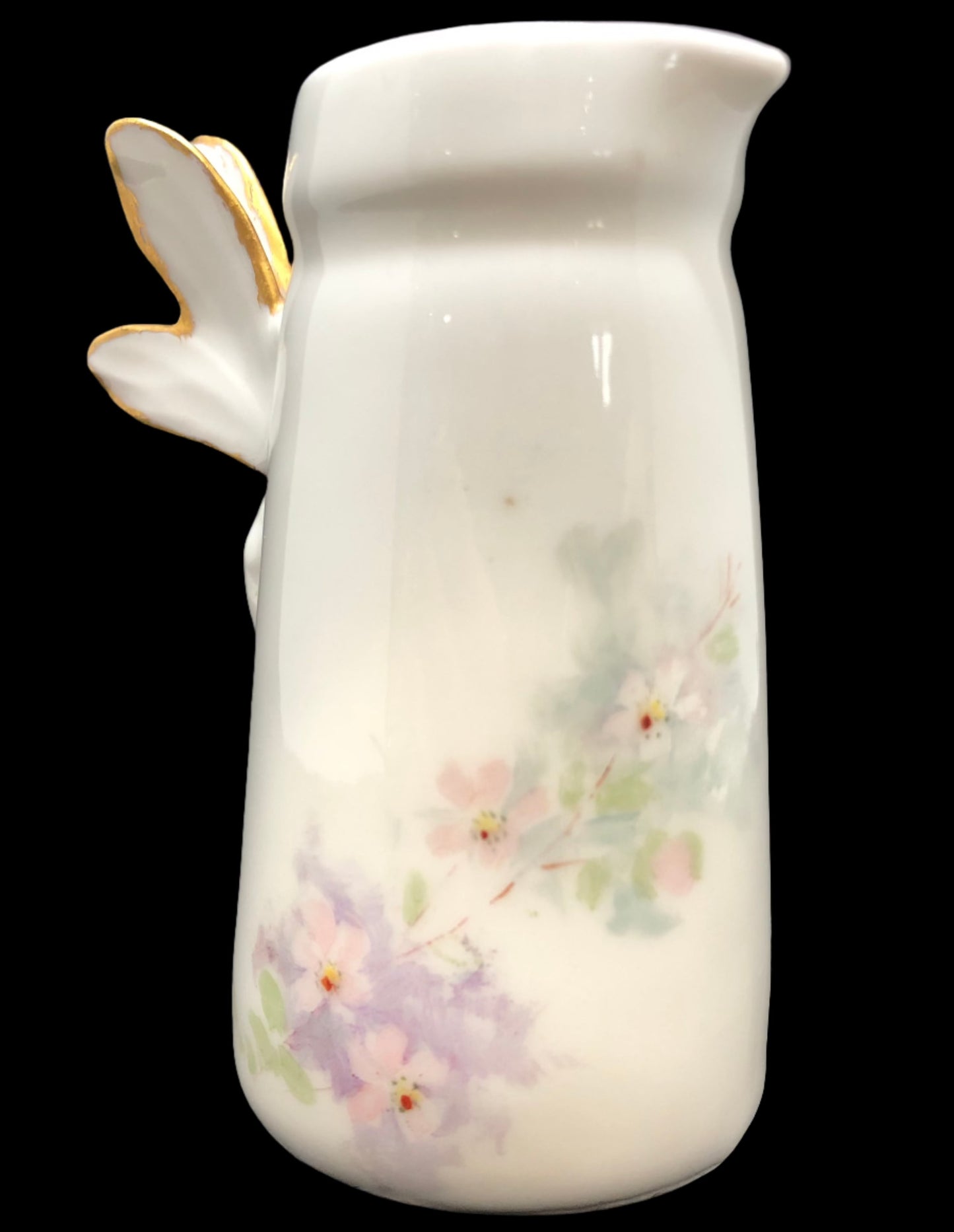 Cottage Core Porcelain  Creamer with Dragon Fly Handle HCL Limoges  Pastel Flowers 
