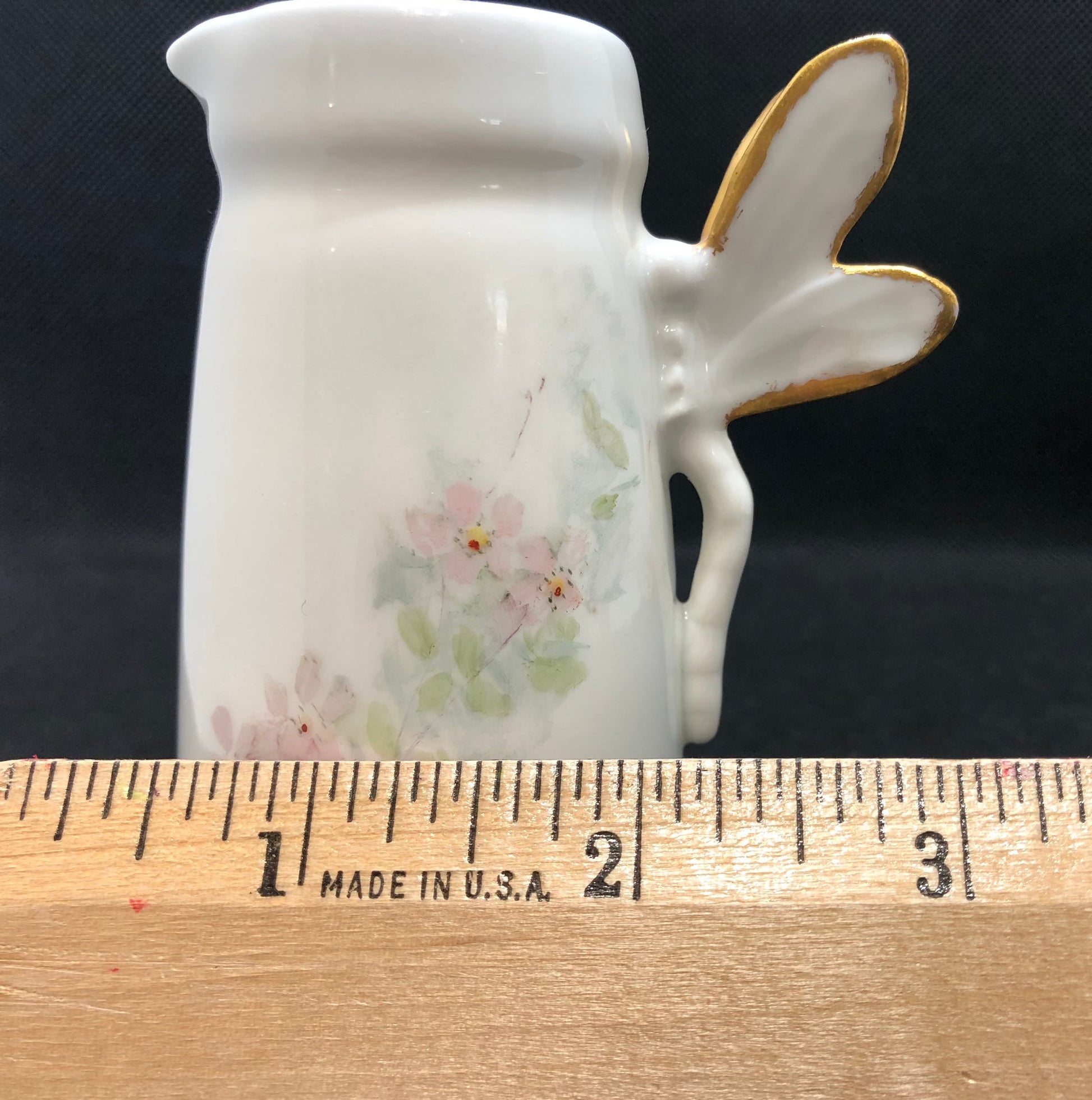 Cottage Core Porcelain Creamer with Dragon Fly Handle HCL Limoges Width