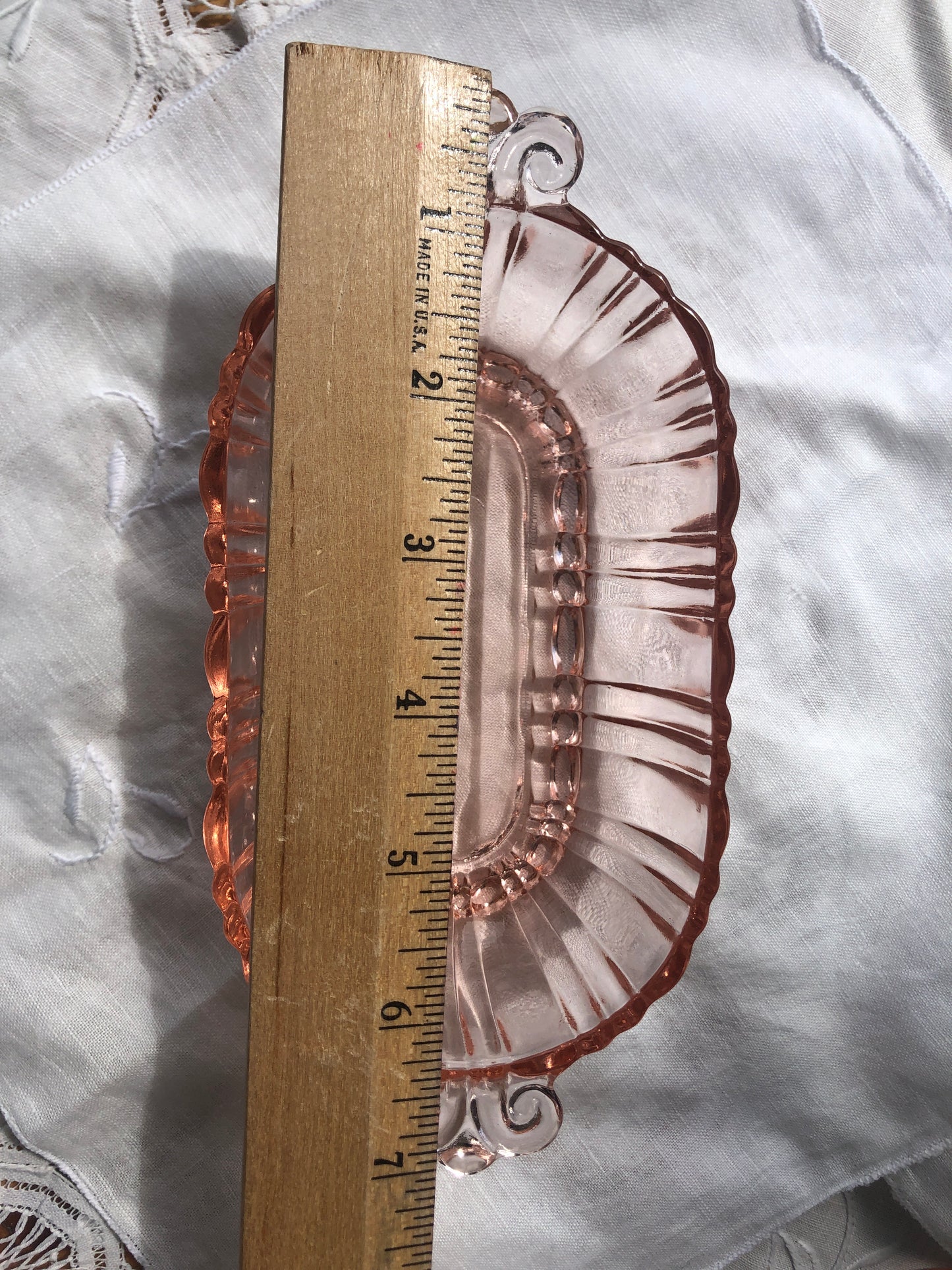Pink Depression Glass oblong Bowl with Handles Ribbed