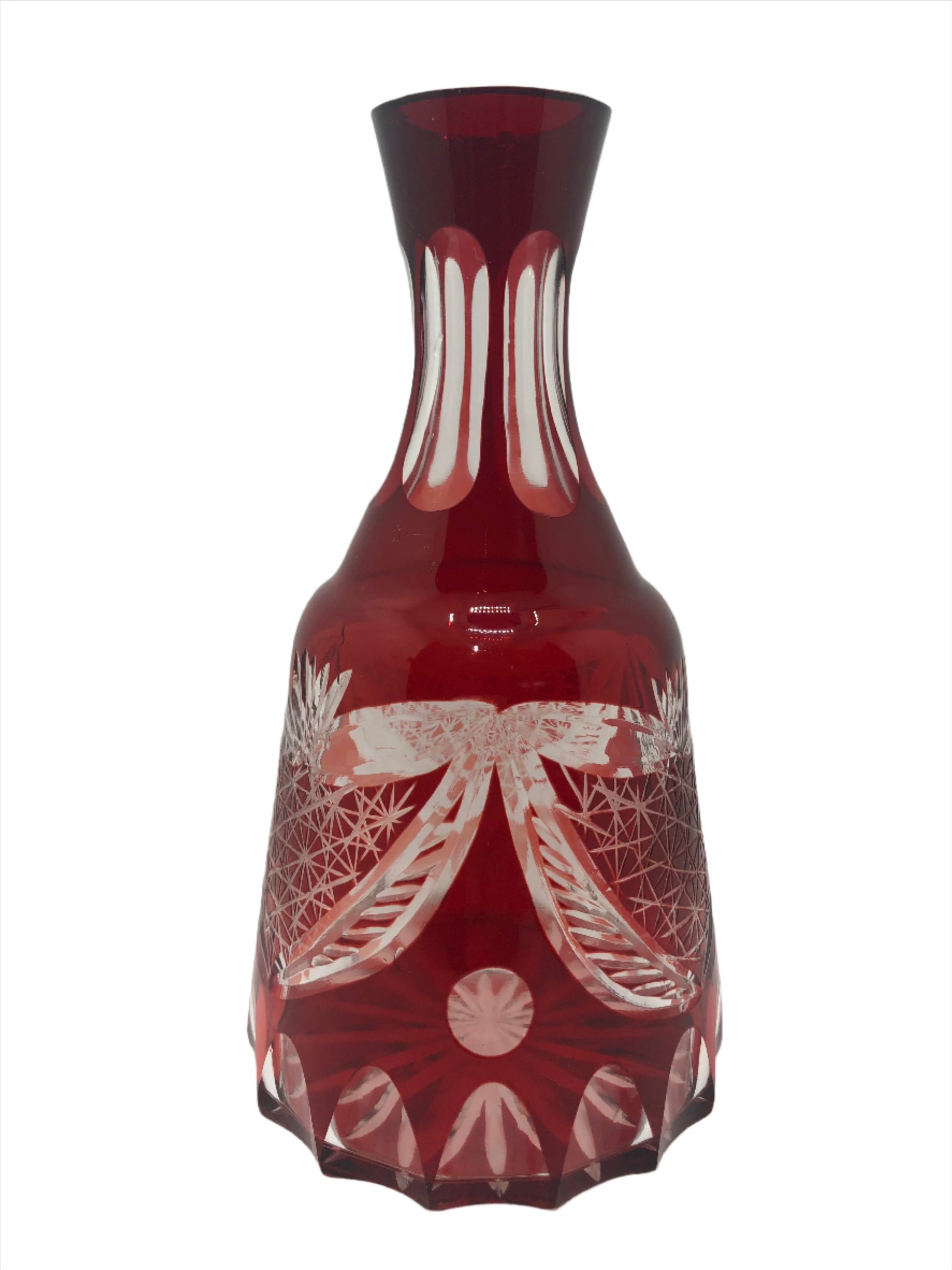 Decanter Bohemian Ruby Glass with clear design full view