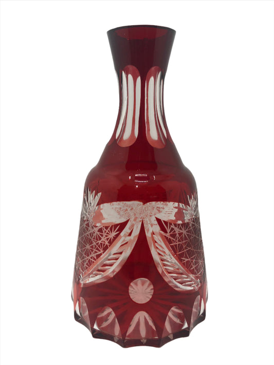 Decanter Bohemian Ruby Glass with clear design full view