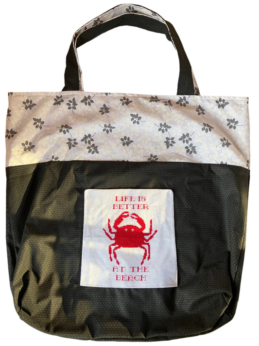 Tote Bag - Locally Made - Black and White, Beach Theme with Crab Design Pocket