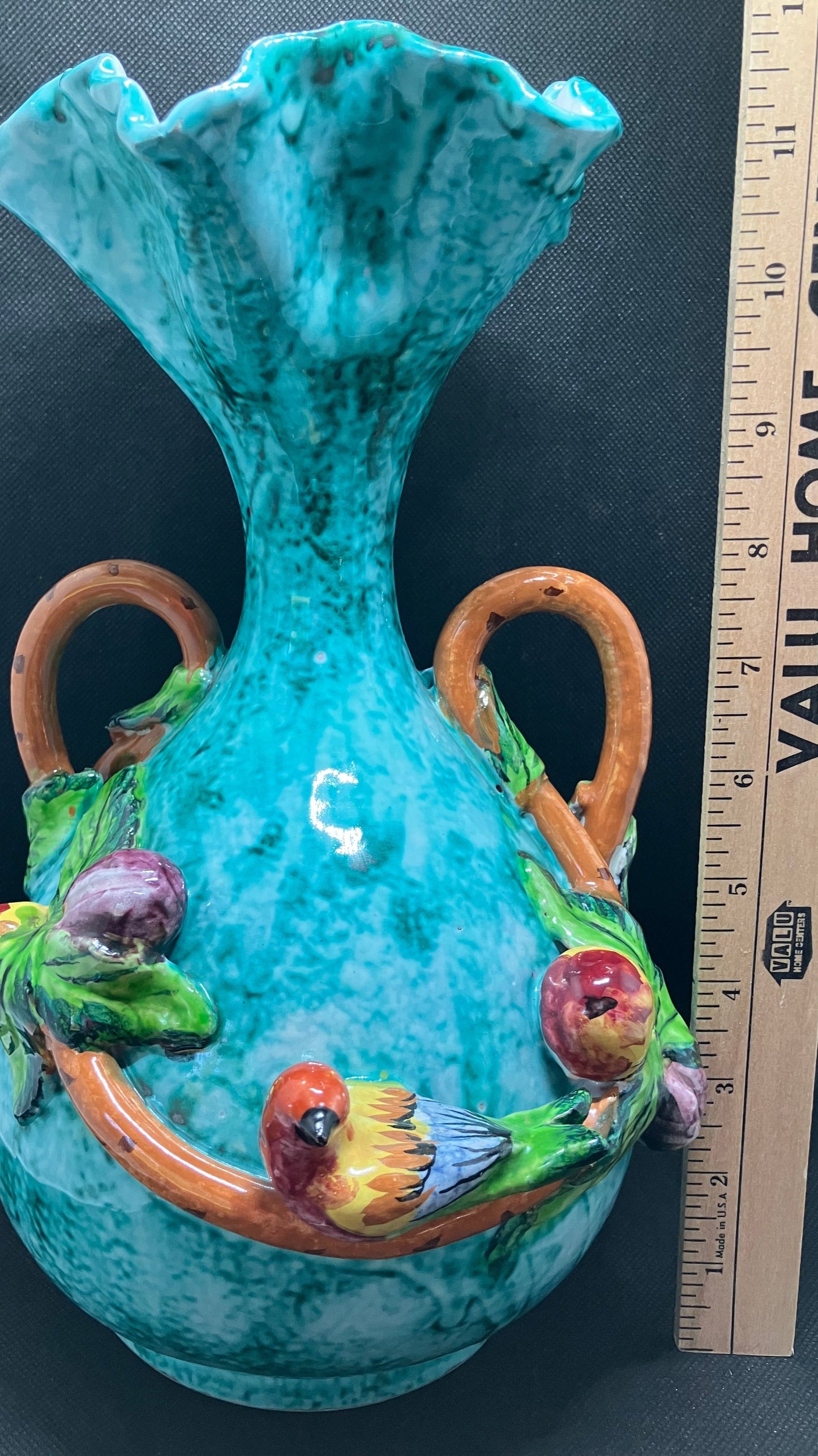 Majolica Vase Blue with Bird Height