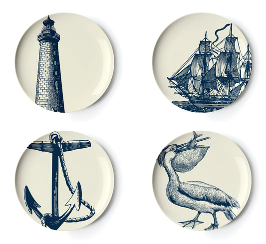 Melamine plates with blue nautical design by Thomas Paul 