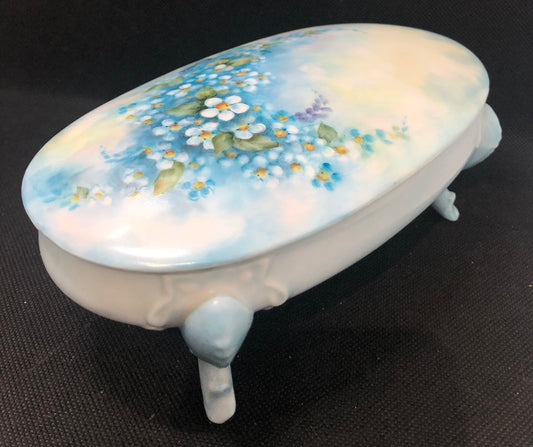 Painted Porcelain Jewelry Box-Trinket blue with flowers full view