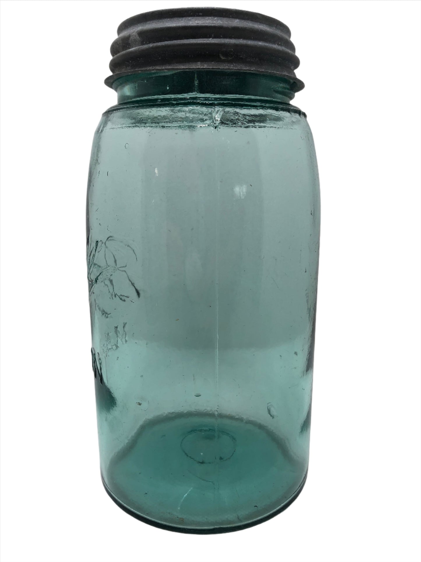 Vintage Antique Ball Jar Blue with Zinc Lid Side View 