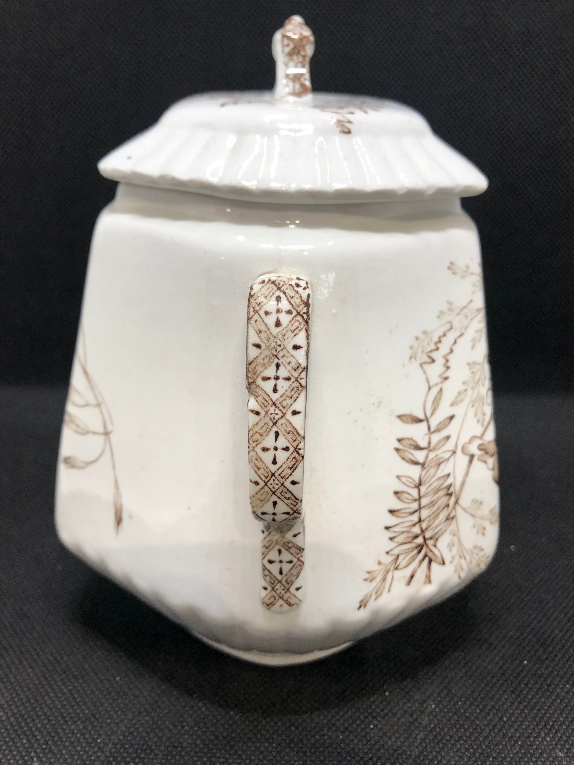 antique sugar bowl porcelain ironstone Ashworth Bros Victoria Pattern side view