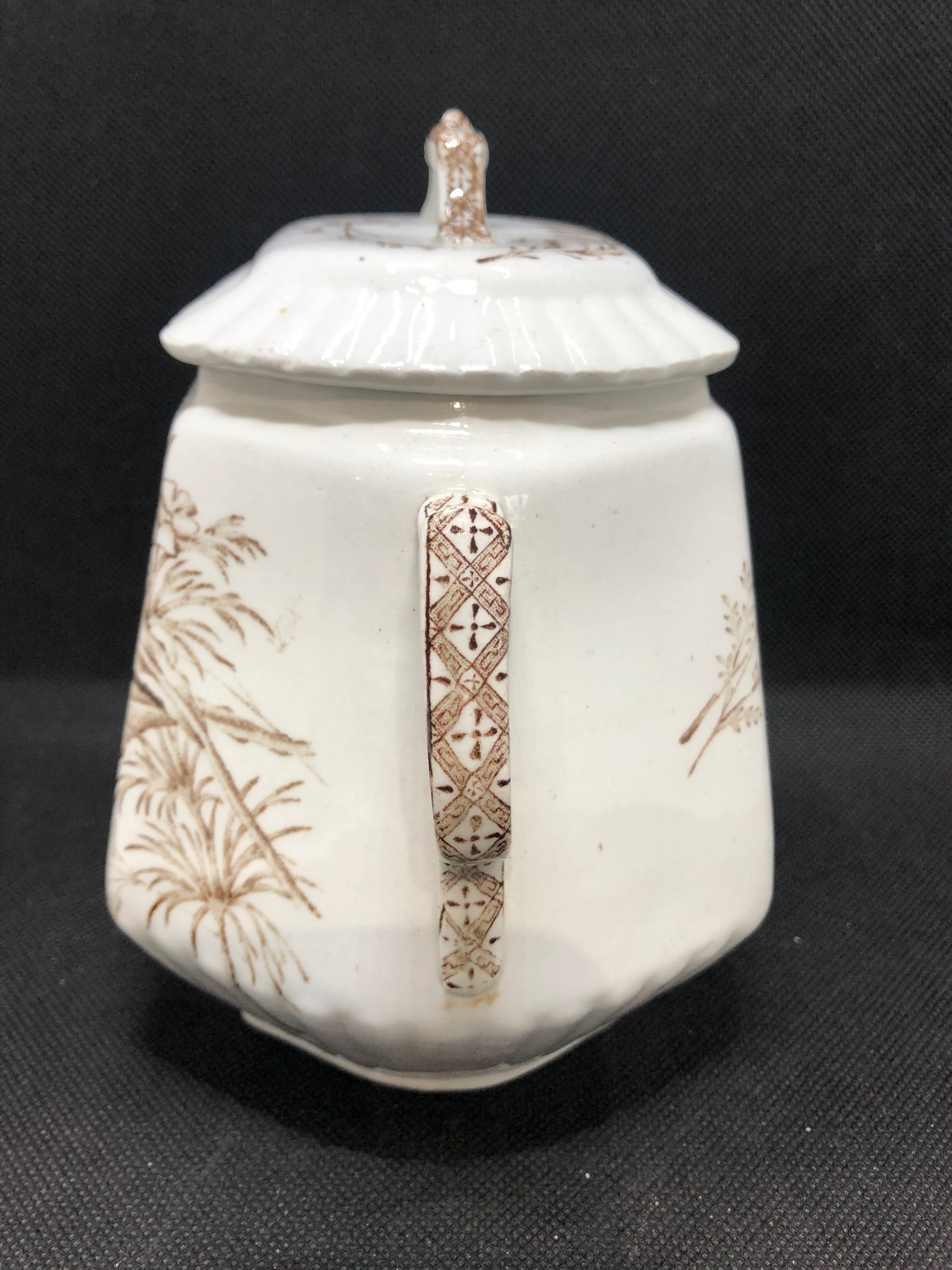 antique sugar bowl porcelain ironstone transferware side view