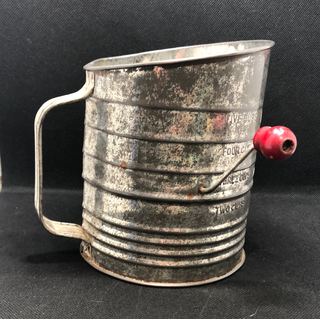 flour sifter antique Bromwell five cup handle red knob handle 