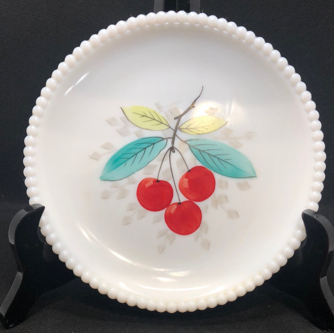 mid century milk glass hand painted plate by Westmoreland with cherry