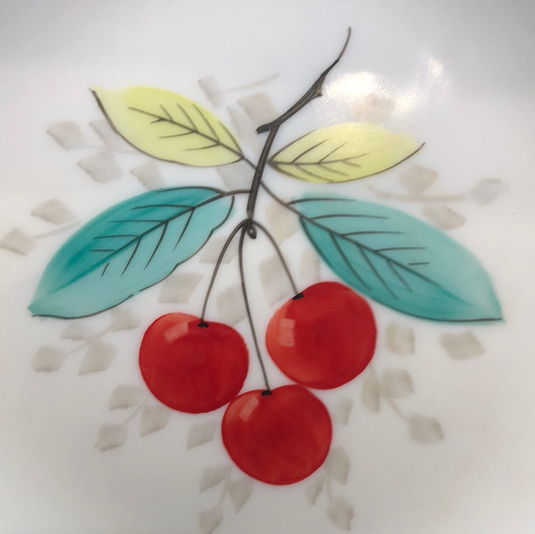 mid century milk glass hand painted plate by Westmoreland with cherry close up
