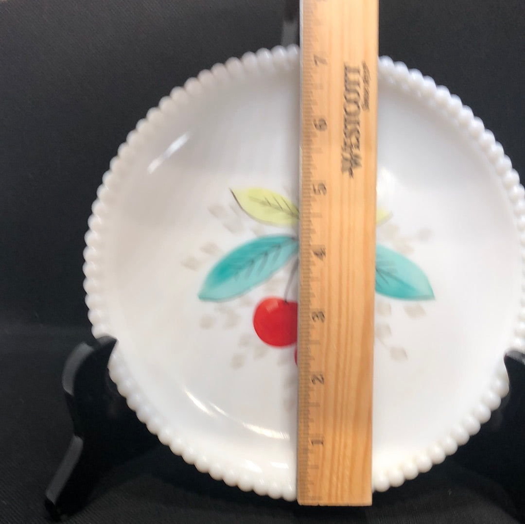 mid century milk glass hand painted plate by Westmoreland with cherry diameter