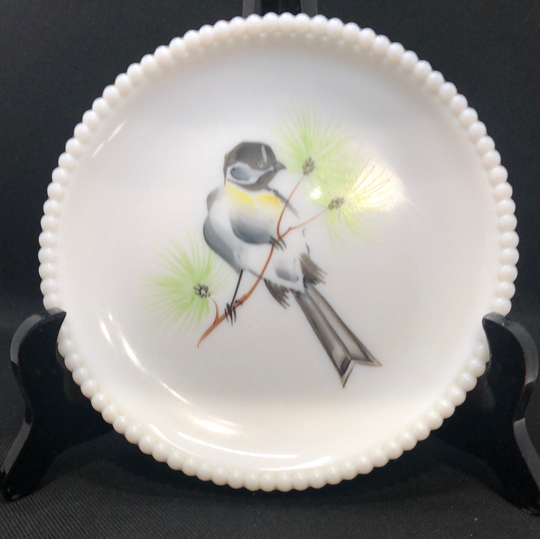 mid century milk glass hand painted plate by  Westmoreland with chick-a-dee bird