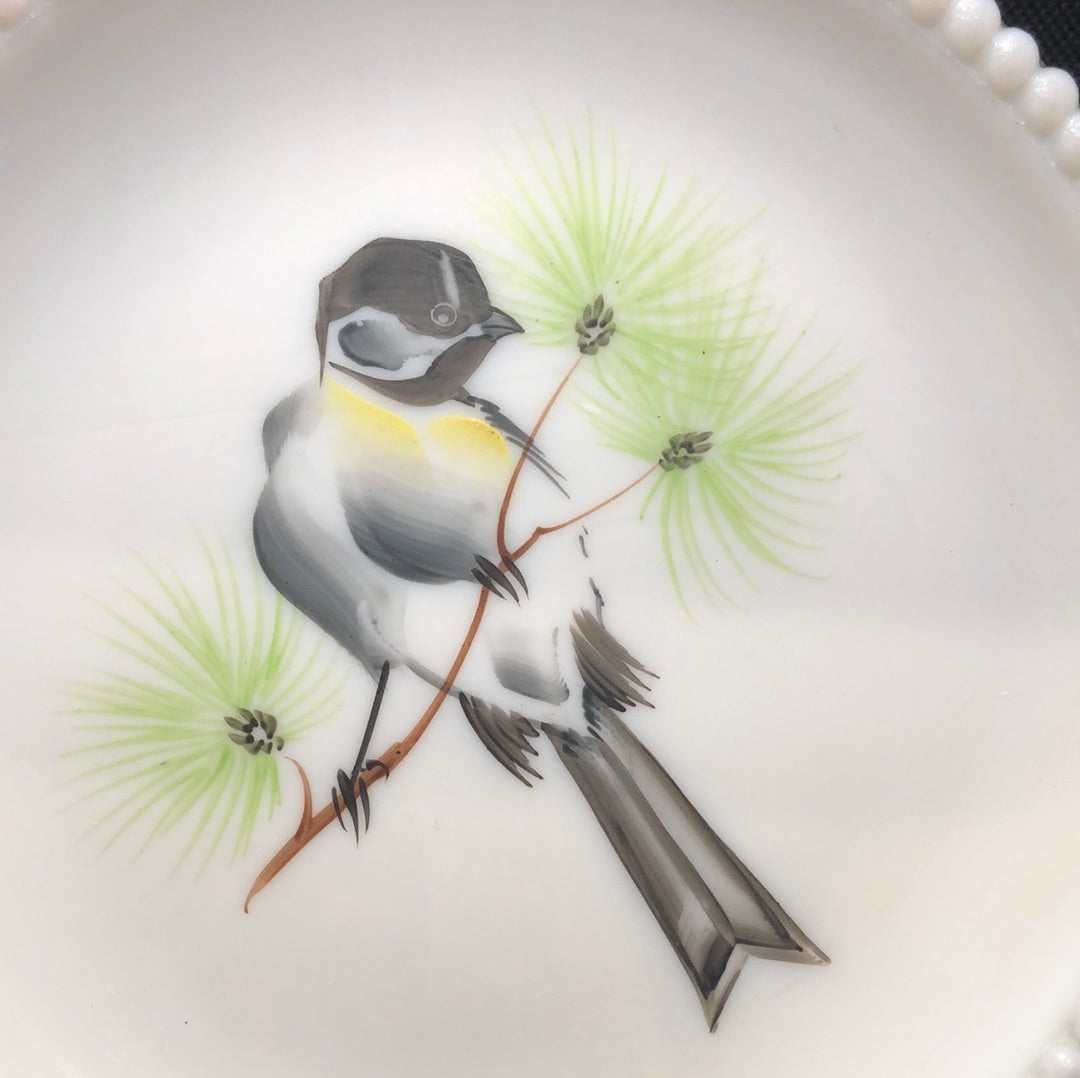 mid century milk glass hand painted plate by  Westmoreland with chick-a-dee bird close up