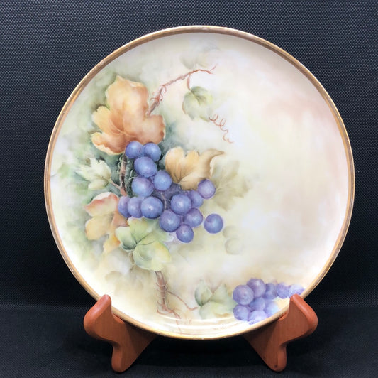 porcelain plate hand painted blue grapes and leaves full view