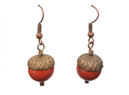 surgical steel earrings with Jasper beads acorns and Vintaj caps