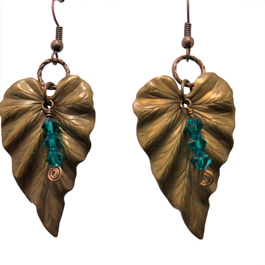 surgical steel earrings with metal patina leaf dangles measurement and Swarovski crystals